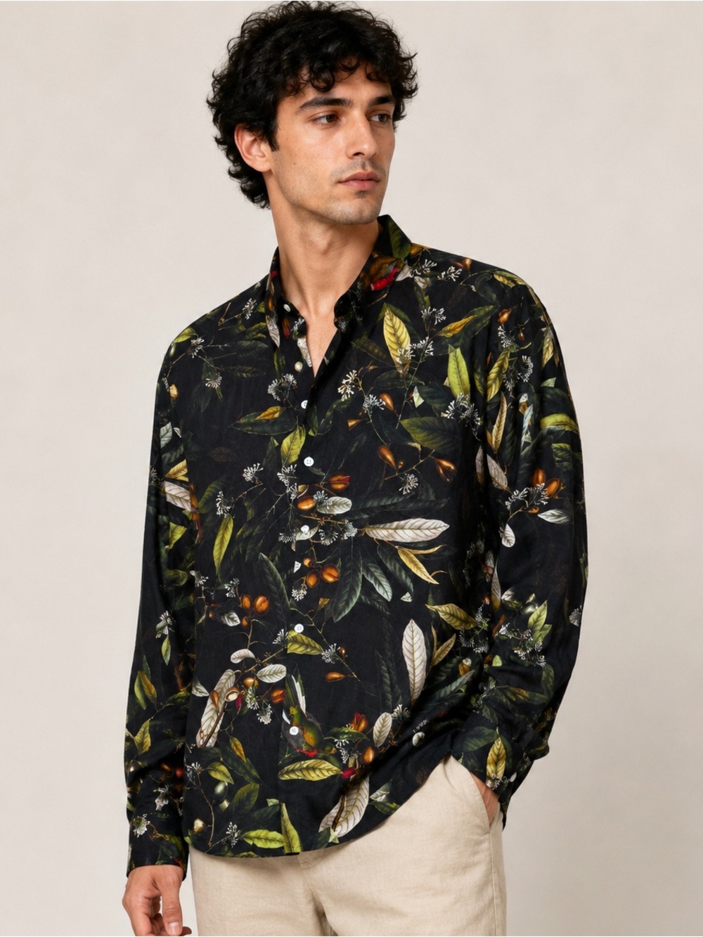 H&M Men’s Tropical Bird Floral Button-Up Shirt Size Medium